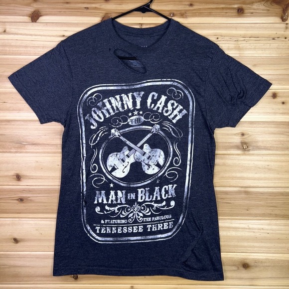 Johnny Cash Tops - Johnny Cash T-Shirt Womens Small Distressed Black Wash Man in Black Short Sleeve